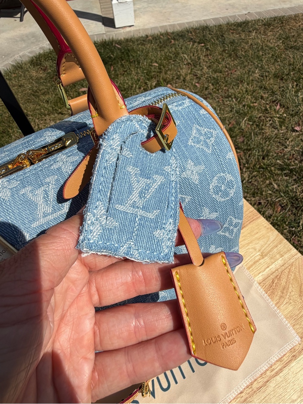 NEW LV Print Speedy Denim Monogram Satchel HandBag Blue Tan & Gold Lock Key - Picture 3 of 16